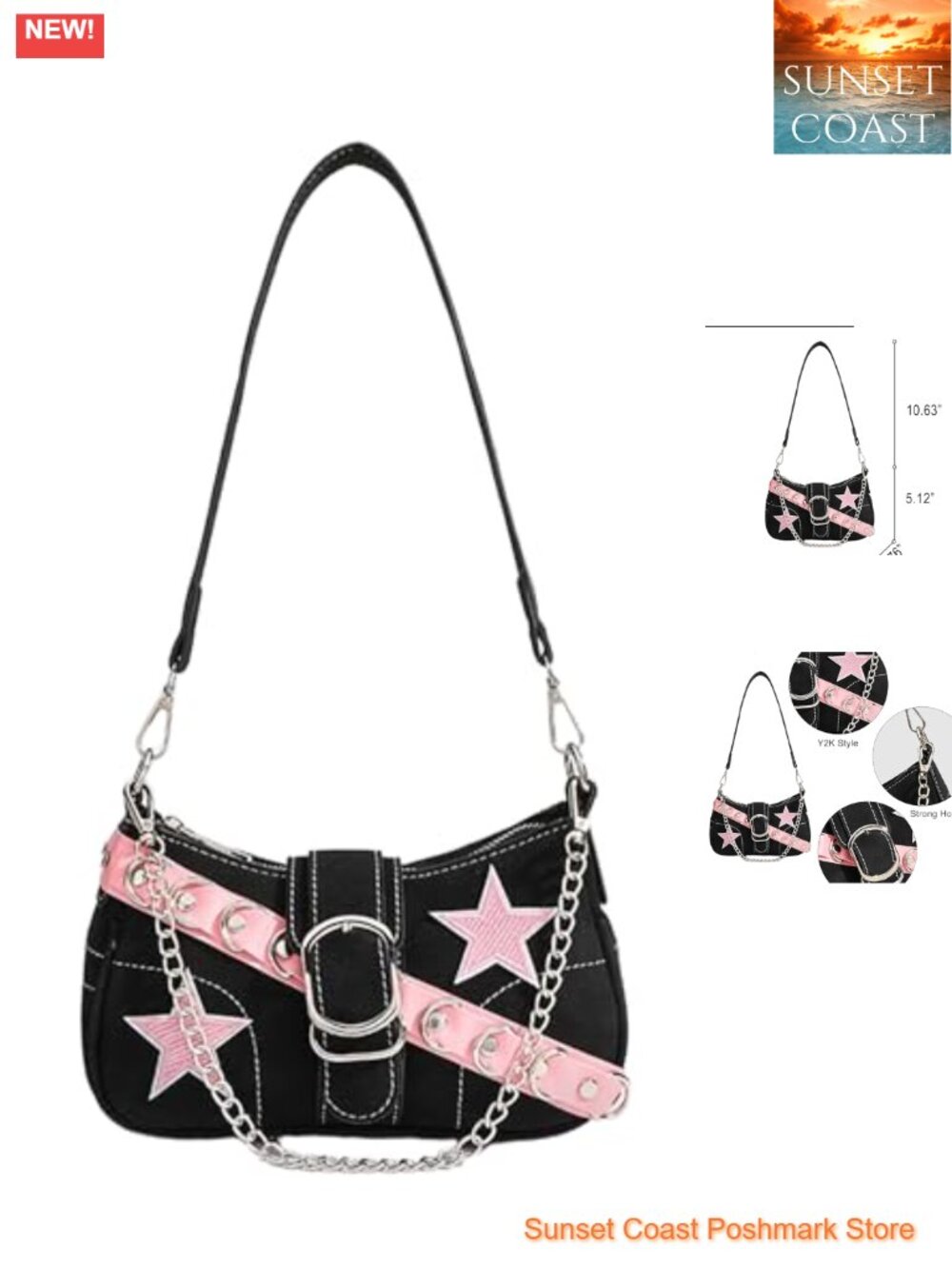 Grunge Denim Hobo Shoulder Bag with Chain Strap & Star Accents